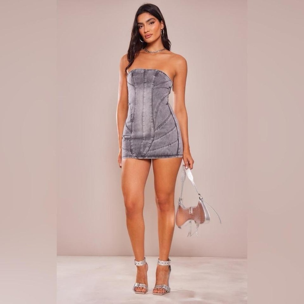 PrettyLittleThing Gray Strapless Dress